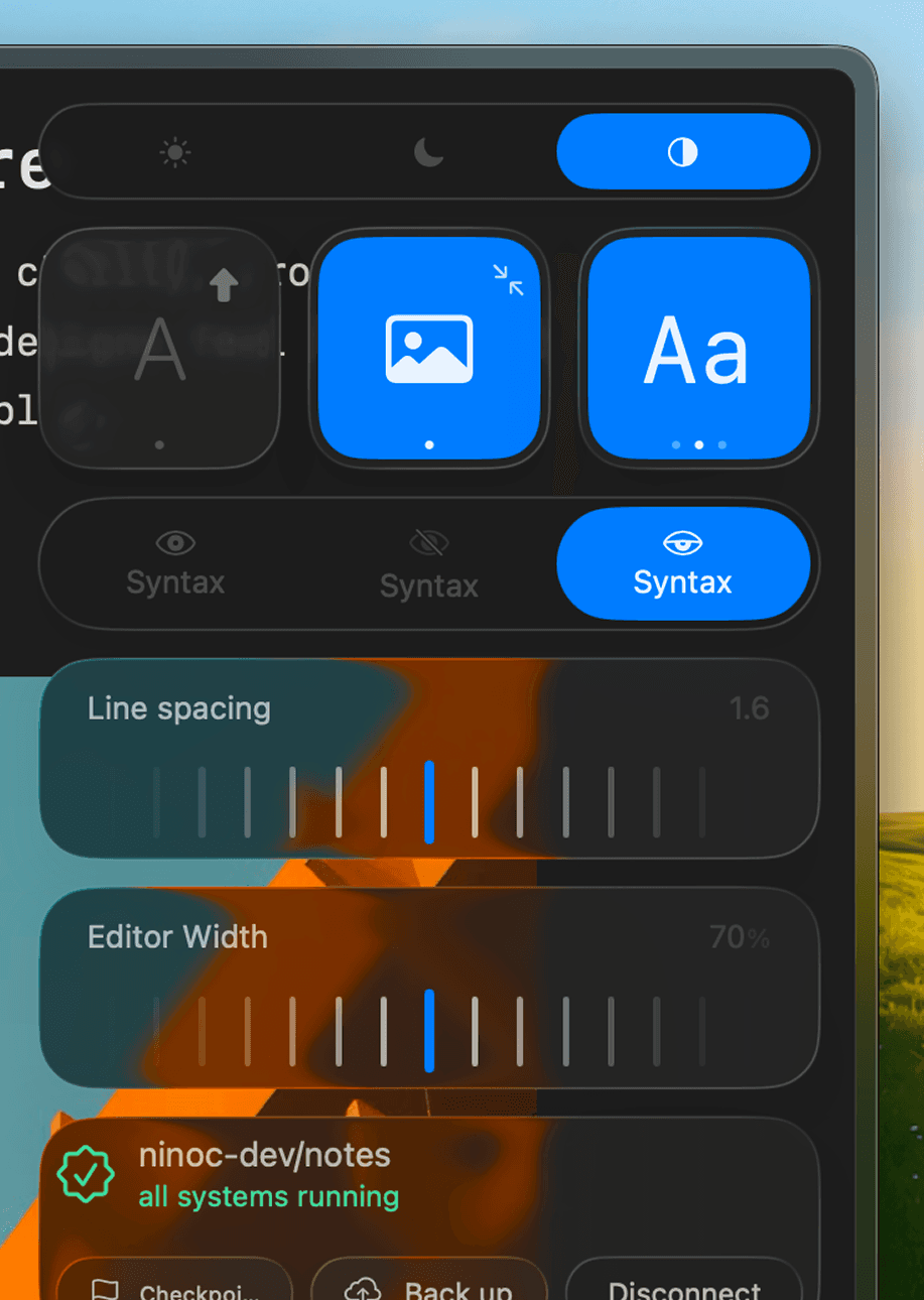 Appearance, line spacing, editor width and GitHub sync controls