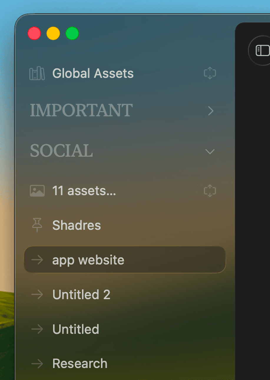 Sidebar with Global Assets, folders and files