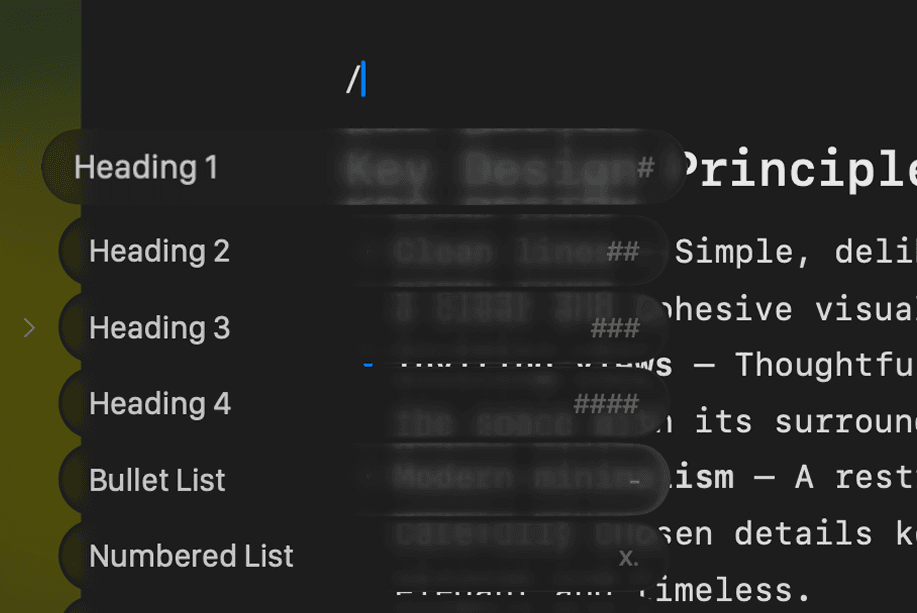 The slash menu with headings and lists