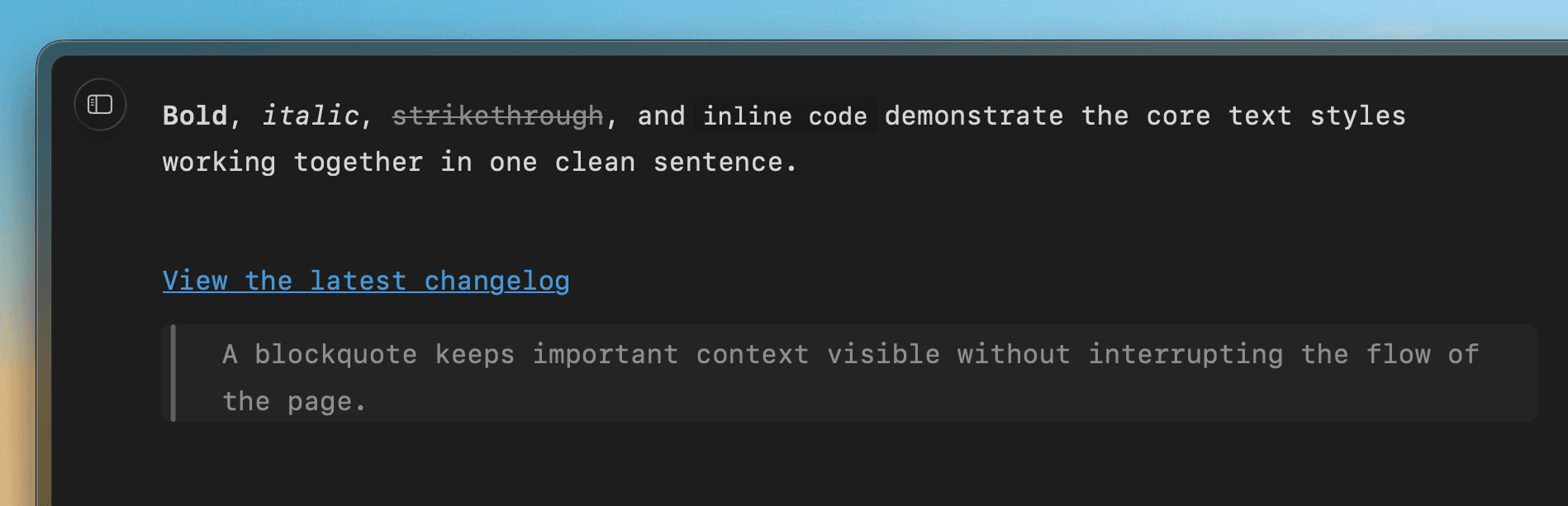 Bold, italic, strikethrough, inline code, a link and a blockquote